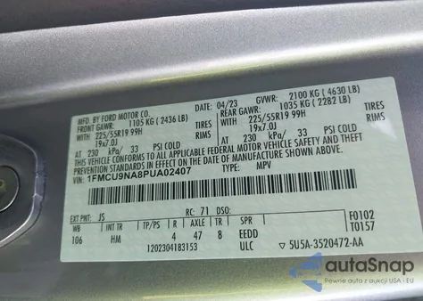 2023 Ford Escape St-Line Select из США, поврежденный, VIN 1FMCU9NA8PUA02407